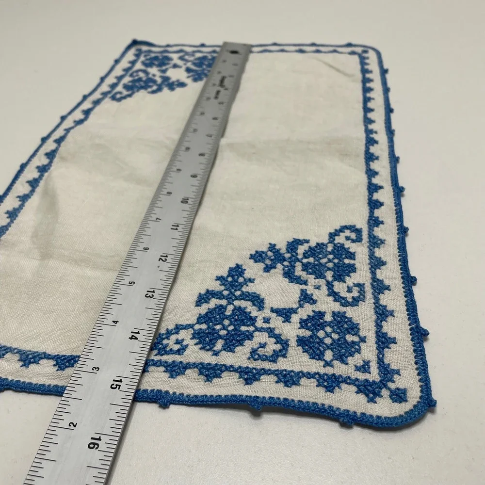 Vintage Handmade Blue Cross Stitch Linen Placemats Set 6 Floral Crocheted Edge